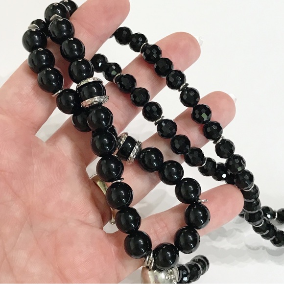 Black Faceted Chunky Fringe Tassel Beaded 1920s Flapper Victorian Necklace Onyx - Picture 8 of 10